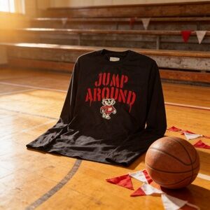 Wisconsin Badger “Jump Around” Bucky Fanatics Black Long Sleeve Tee Size Large
